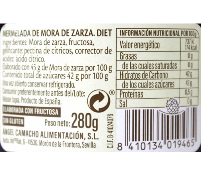 MERMELADA MORA DE ZARZA DIET LA VIEJA FABRICA 280 GR.